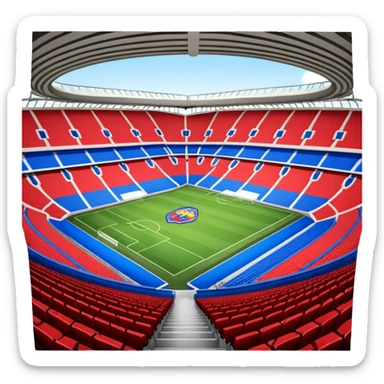 fc basel soccer stadium with mainly blue seats. however,on one side of the stadium red seats form the name ‚fc basel‘ sticker