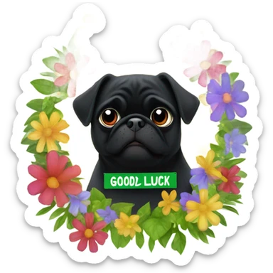 Black pug , surrounded by flowers, holding a green sign that says “good luck”  sticker