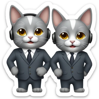 Two gray colored cats with headphones smiling standing back to back with suits    sticker