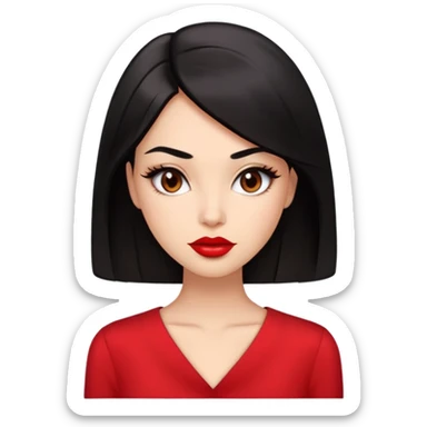 Glamorous young woman with defined features, expressive brown eyes, full lips with red lipstick, light brown complexion, sleek black hair, wearing a red blouse sticker