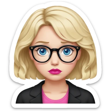 Blonde woman with short wavy hair, blue eyes and pink lips wearing black glasses looking sad sticker