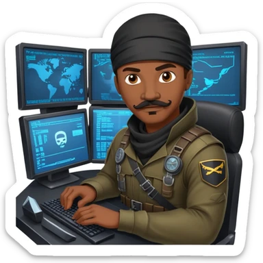 african-american mustache mercenary black asymmetrical ninja hacker terminal command center sticker