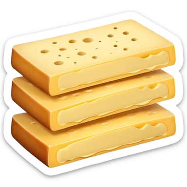 raclette cheese slices, one or two, semi-thick, rectangular, pale yellow, smooth, darker rind on one edge, creamy firm texture, subtle sheen, stacked or fanned, no grill or extras, no faces, clean 3D, soft shadows, transparent background, emoji scale sticker