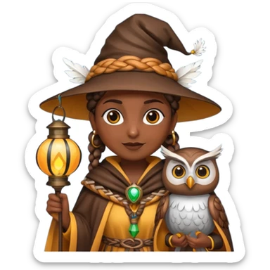 woodland emoji character, dark skin woman with braids dressed as owl mage, feather cape, holding lantern sticker