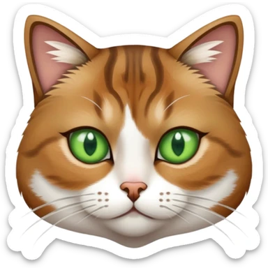 Short hair brown and white tabby cat with a brown fur patch over one eye and white fur patch over the others. Green eyes.  sticker