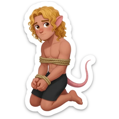man with brown eyes, curly long blond hair. he has rat tail and rat ears. he dressed in black shorts. he is on his knees. her arms are tied up with ropes sticker