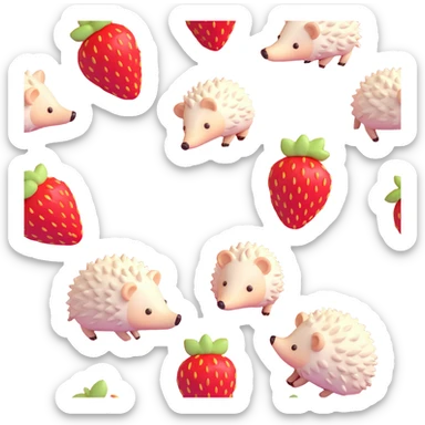 Make the strawberries brighter and more vibrant red, keeping the hedgehogs and background in iOS 3D style with soft 3D lighting and pastel colors, minimal composition. sticker