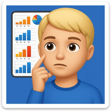 Edit the image of a person thinking with graphs in the background in the style of apple emojis. Create variations with a blue background, yellow background, green background, and pink background. The style should reflect the apple emoji style with no text, concise and clean. sticker
