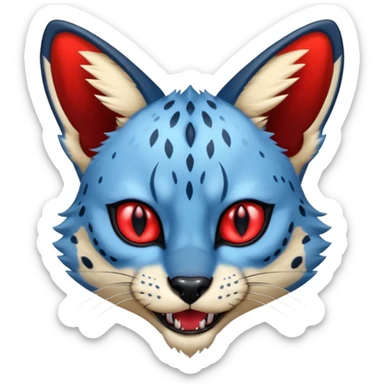 Blue edgy evil fanged serval with red eyes, full body sticker