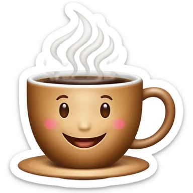 Create an emoji-style image of a warm morning cup of coffee with steam rising and a cheerful smiling face on the cup. The background should feel cozy and bright, like morning sunshine. sticker