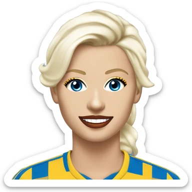 Jesse Maley pretty older white Swedish looking Playboy model looking with Blue eyes, a sexy smile, with big Red lips and almond shaped eyes with long eyelashes, platinum blonde blonde, pixie haircut and golden skin and Leeds united shirt and badge sticker