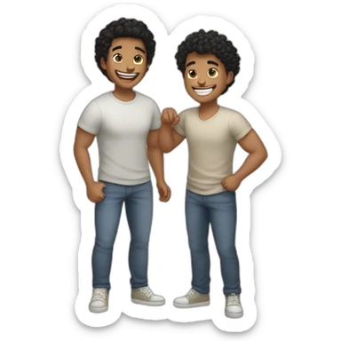 Gay couple, 1 guy Latino black hair and 1 Australian guy blonde curly hair with a cat laughing full body sticker