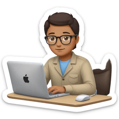 developer on a pier focused on a computer with subtle water and sky, emoji style sticker