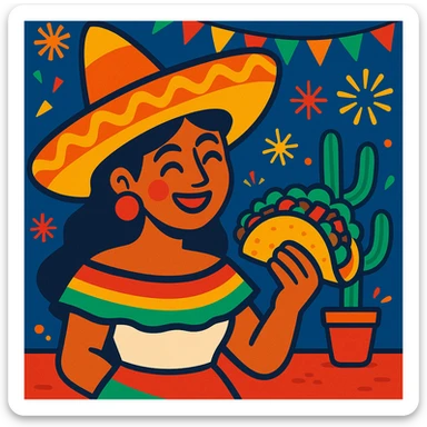 Mexican woman with a big sombrero, holding a taco, fiesta background, playful and fun sticker