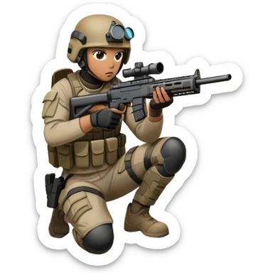 A skilled airsoft player in tactical gear, aiming a gun and shooting metal BBs in a desolate, ruined landscape. The setting is filled with broken walls and debris, creating a tense atmosphere of strategy and precision in a high-stakes tactical environment sticker