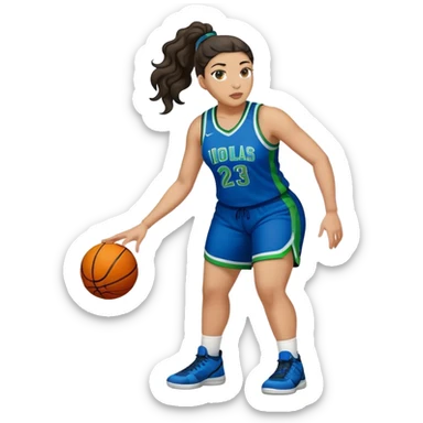 full body plus size light skin  latino women basketball player with wavy dark hair in pony tail wide nose wearing blue uniform with green accent sticker
