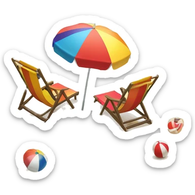 Beach umbrella with two beach chairs and a beach ball on the sand facing the sea sticker