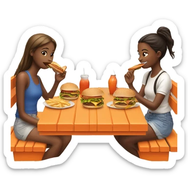 four girls eating burgers around an orange picnic table  sticker