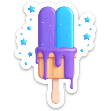 A 3D iOS style emoji of a melting popsicle with a blue and purple color scheme, surrounded by stars and sparkles. sticker