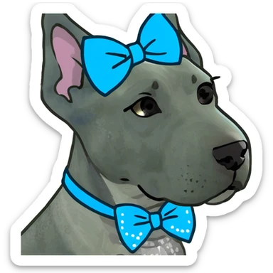 Blue Great Dane dog with a sparkly bow on its ear, 3D style sticker