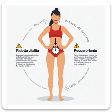 realistic infographic in Italian: athlete with clock symbol and downward arrow in pelvic area, captions 'Ridotta vitalità' and 'Recupero lento', warning icons, white background sticker