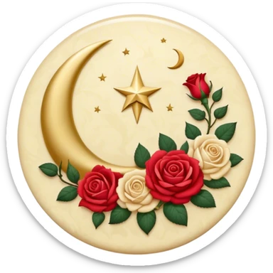 A round button with a crescent damask moon and roses in the center sticker