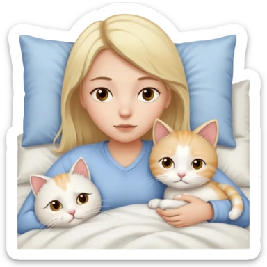 They recreate a photo of a blonde girl with light brown eyes, lying in bed sick with the flu, with her cat white nearby. sticker