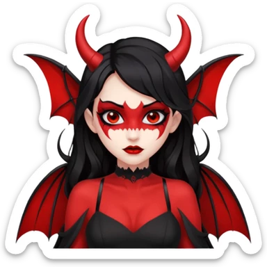 demon girl, skin red , black long hair, small horns, bat wing, black open-back dress, bold black outlines, red+black palette sticker