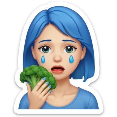 Woman crying eating broccoli. make tears blue color sticker