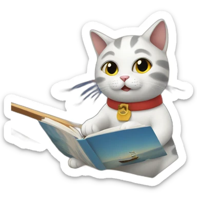 Cat on a boat, reading sticker