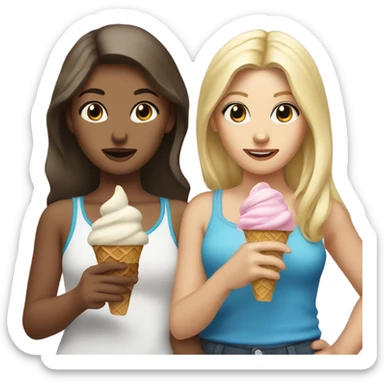 blonde girl with brown eyes standing with her best friend brunette with blue eyes while eating ice cream sticker