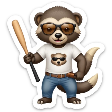 mischievous anthropomorphised honey badger in jeans and a t-shirt, wearing sunglasses, holding a baseball bat sticker
