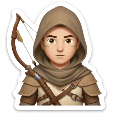 desert archer warrior portrait, head and shoulders only, hooded scarf collar, quiver strap visible, sharp focused eyes, 3D cartoon, mobile game icon style, clean background, no text, no watermark
 sticker