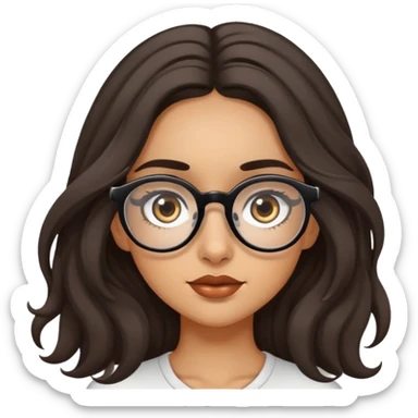 Girl with olive skin, brown eyes with long eyelashes and dark wavy long hair and large eyeglasses on top of hair sticker