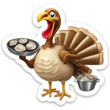 Turkey holding burning slice of toast and pan of oysters sticker