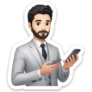 Professional 35-year-old man with black wavy hair, stubble, strong jawline, white skin tone, wearing smart casual business attire, interacting with holographic digital display, surrounded by tech elements, innovative business strategist sticker