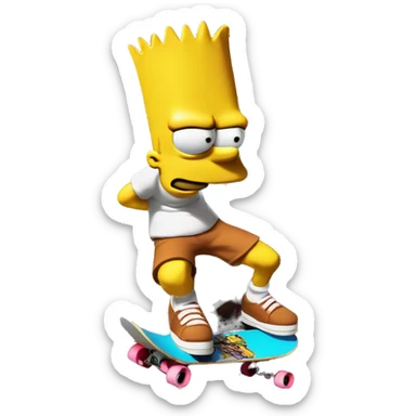 Bart Simpson, skateboard under his arm, poses in front of a graffiti-covered wall. He's giving the camera a playful smirk sticker