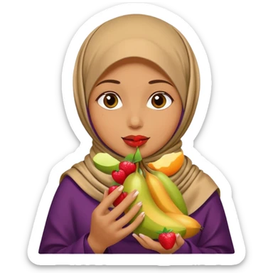 a woman wearing a pashmina hijab is eating sticker