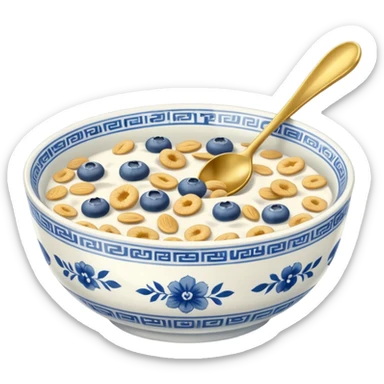 Blue and white China dish bowl, with  gold long spoon, and cereal inside sticker