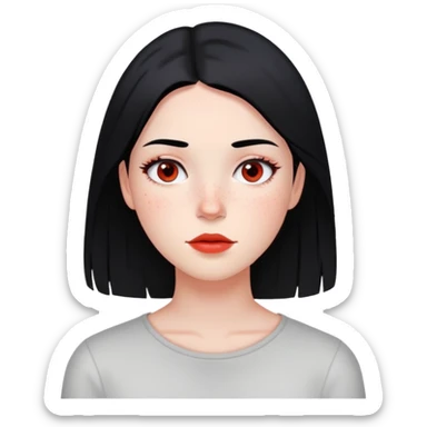 young woman with straight black hair, minimal makeup, and scattered red freckles sticker