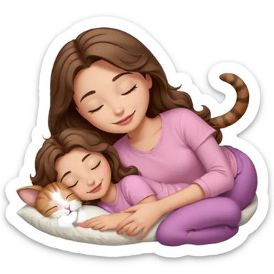 girl with wavy long brown hair, brown eyes, light to medium complexion, long lashes, light pink lipstick, smiling, wearing light pink shirt, sleeping on a cozy pillow, with brown tabby cat, sleeping sticker