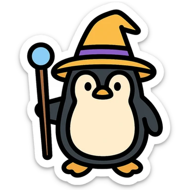 penguin wizard with a hat and staff icon with color outline sticker