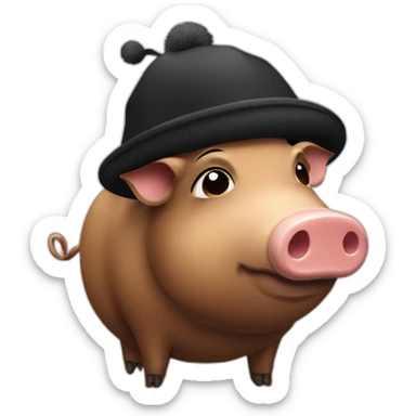 fullface sad brown boar pig with black winter hat sticker