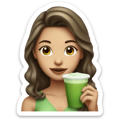 Beautiful girl with brawn hair holding cup of iced matcha  sticker