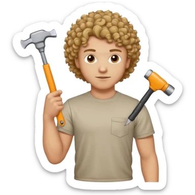 a guy who looks very handsome, has curly hair,  wears a tee shirt and holds a screwdriver in one hand and a  hammer in the other sticker