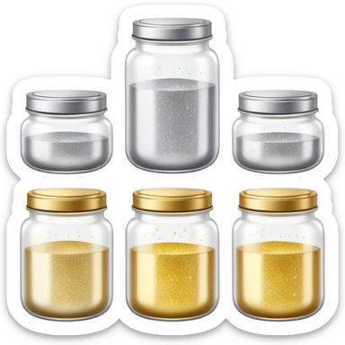 Cinematic Realistic Glitter Jars, elegant glass containers filled with ultra-fine shimmering gold and silver dust, light catching the tiny specks in a mesmerizing glow, slightly open lids revealing the rich, sparkling texture inside, set against a softly blurred background, radiating a sense of enchantment and wonder. sticker