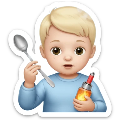Baby with a spoon in one hand and lighter in the other with smoke coming off the spoon.  sticker