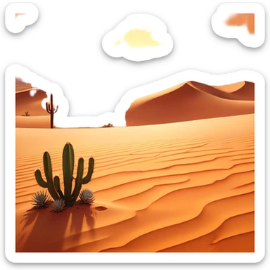 Cinematic Realistic Desert Emoji, Expansive and arid, with vast stretches of golden sand dunes and scattered cacti, the sun casting a warm, almost orange glow over the dry, cracked earth. The horizon blurs into a heat shimmer, while the occasional desert flower adds a splash of color to the barren landscape. Soft glowing outline, capturing the essence of the harsh yet stunning beauty of the desert, calm and quiet, filled with silence and mystery. sticker