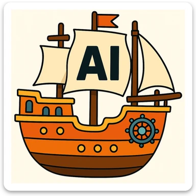 Replace the skull on the pirate ship's sail with the letters 'AI' in a matching bold style, keep the rest of the image unchanged, vibrant cartoon style. sticker