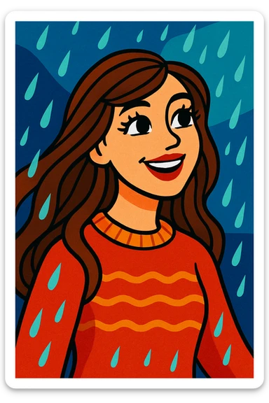 white woman with long brown hair and brown eyes, wearing a sweater, smiling in the rain, with long eyelashes and red lips, in a vibrant cartoon style sticker